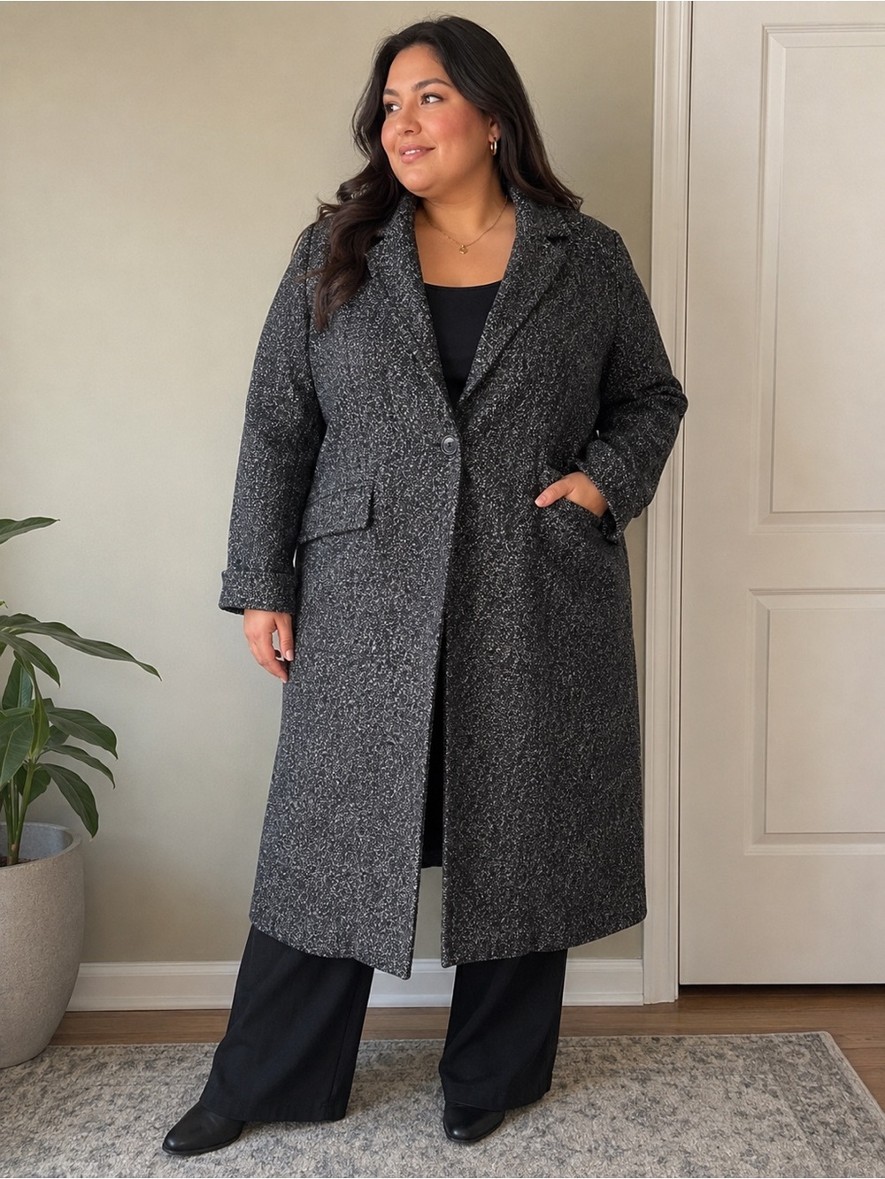 Banana Republic Long Tweed Wool Blend Coat Black White Size Large